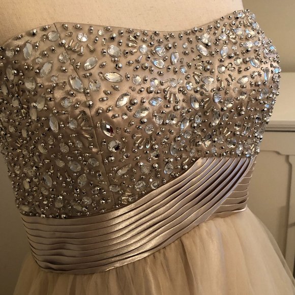 Xscape, Strapless Embellished Champagne Tulle & Satin Ball Gown, Size 10 - Picture 3 of 16